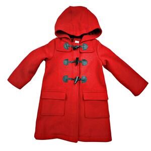 Baby Gap Red Peacoat Zip & Toggle Buttons Size 4T Plaid Lining Wool Blend  *FLAW